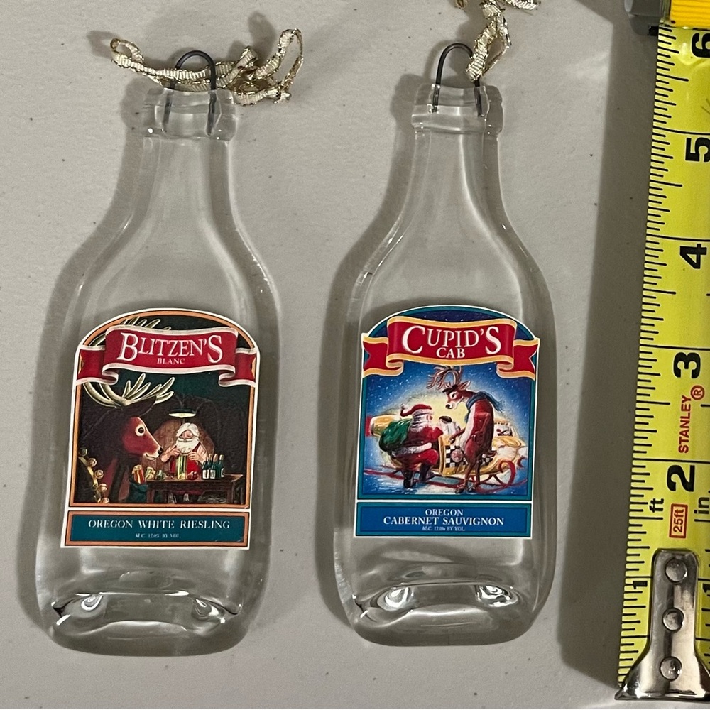 Christmas ornaments- Oregon glass wine bottles with reindeer labels